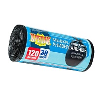 Мешки для мусора 120 л, с ушками, черные, в рулоне 30 шт., ПНД, 15 мкм, 1100х700 мм, Крепак, 4607075710375 в Буденновске